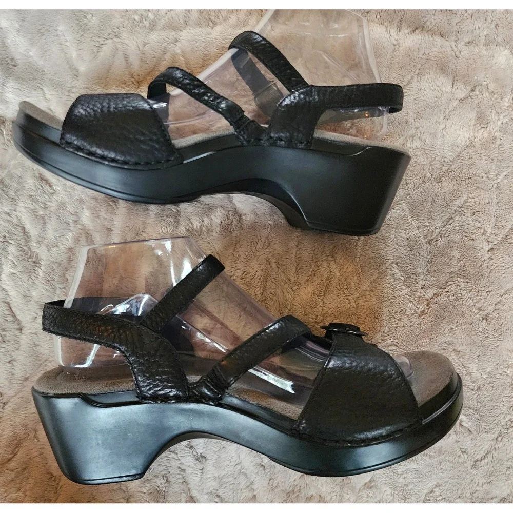 Dansko Black Pebbled Leather Wedge Sandals Strappy Slingback Buckle Shoes Eu 40
